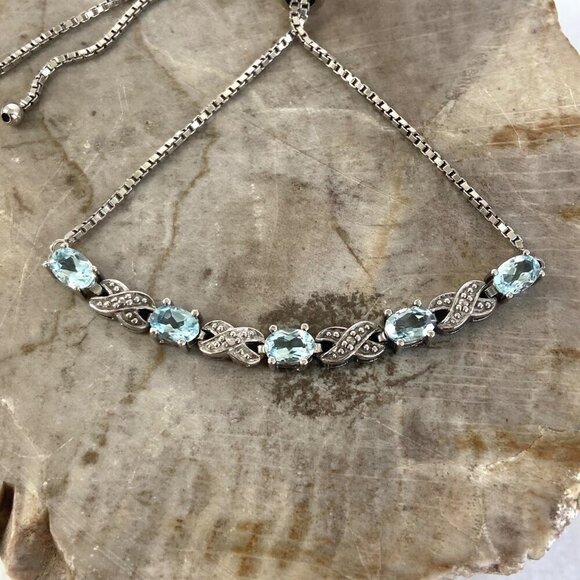 Sterling Silver 925 FAS Oval Blue Topaz XO Bolo Style Box Chain Tennis Bracelet - Picture 4 of 16